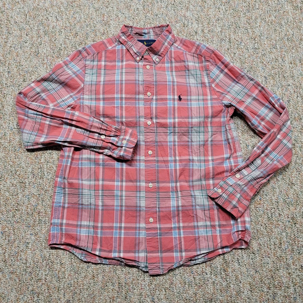 Ralph Lauren Shirt Boys XL Red Blue Plaid Cotton Button Down Preppy